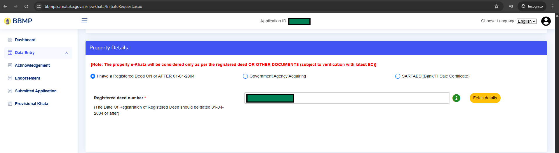 Property Details section with registered deed number field and Fetch details button