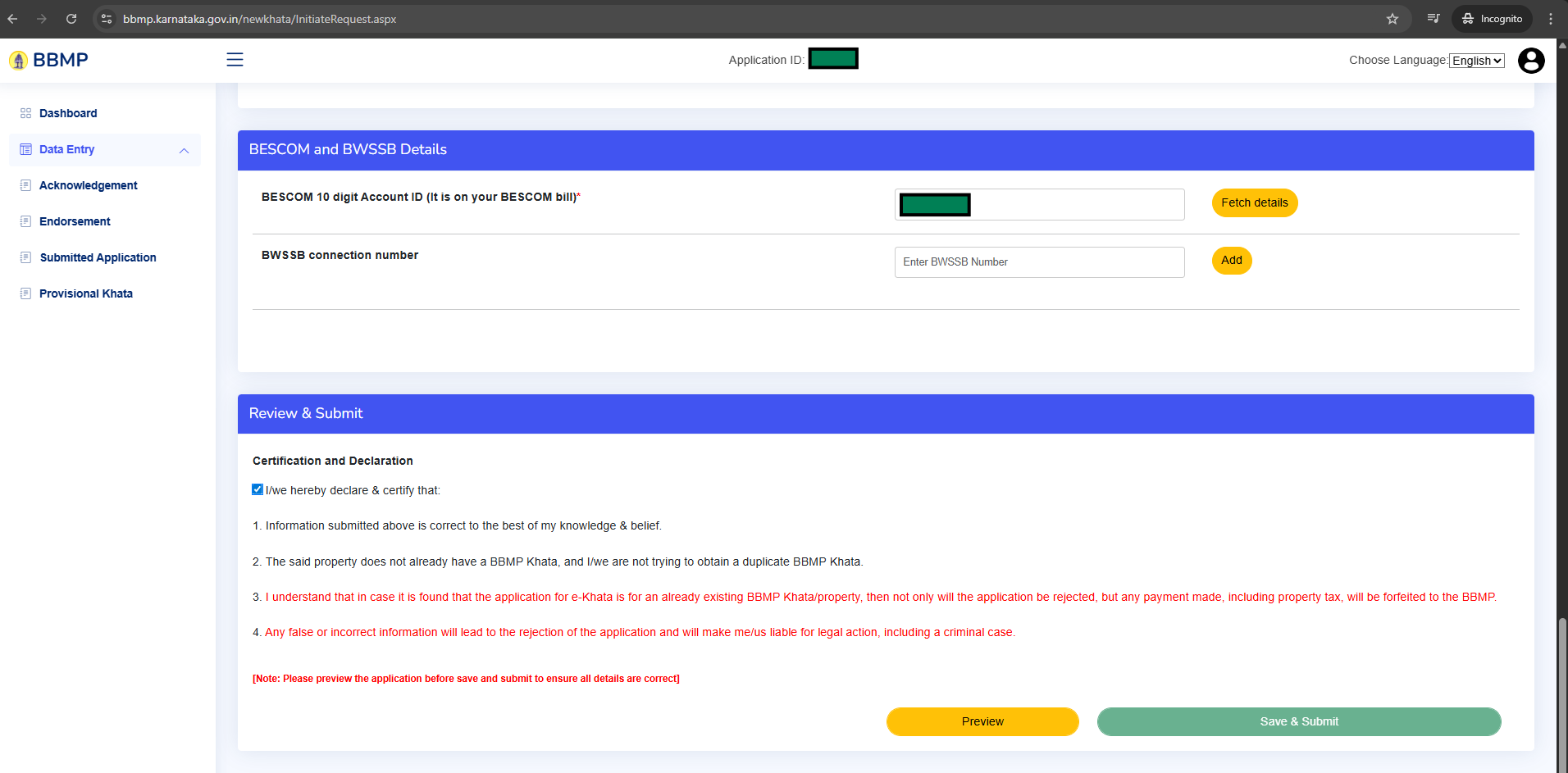 BESCOM details and Review & Submit section with declaration checkbox, Preview and Save & Submit buttons