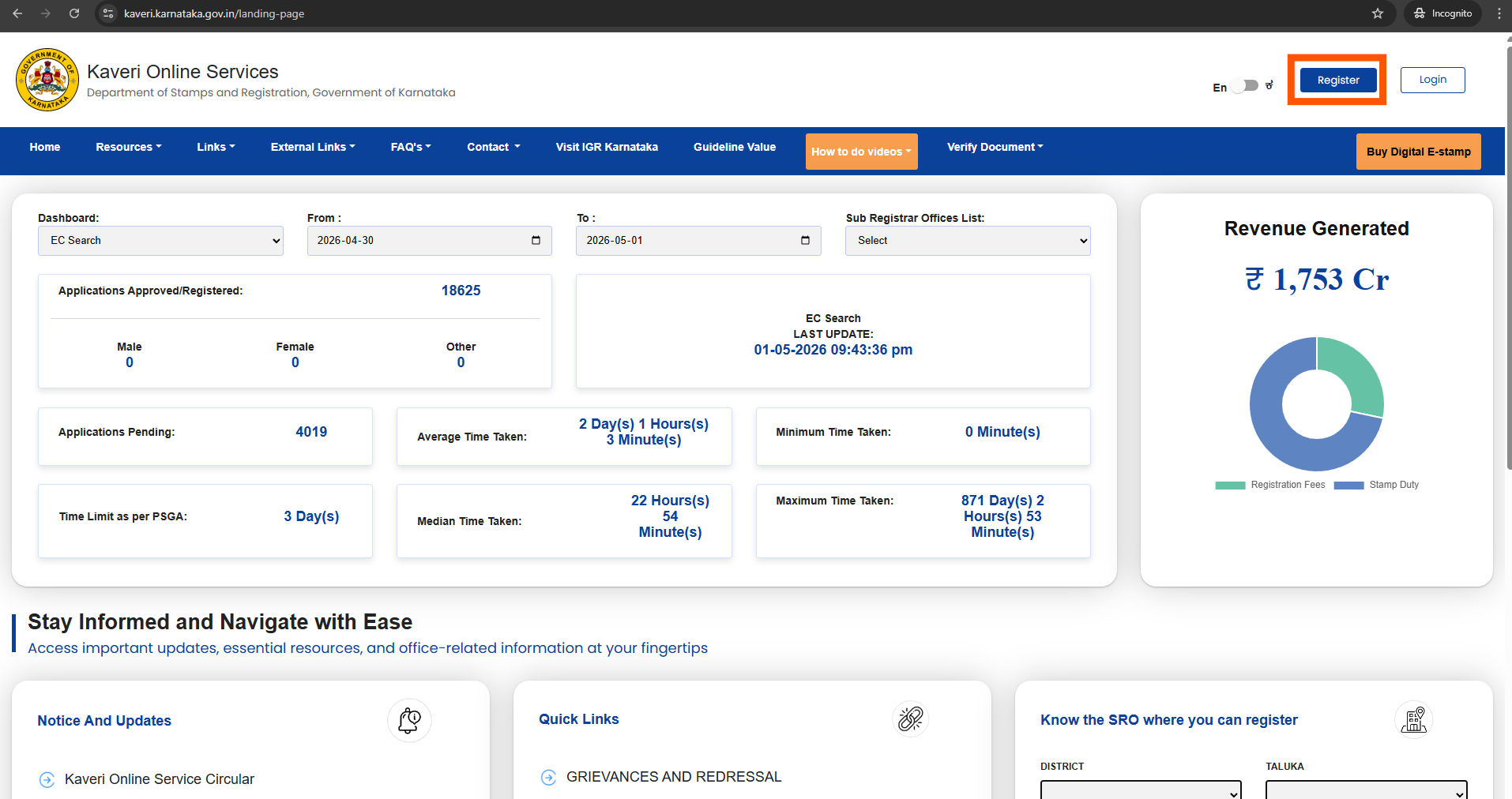 Kaveri 2.0 portal home page with Register button highlighted