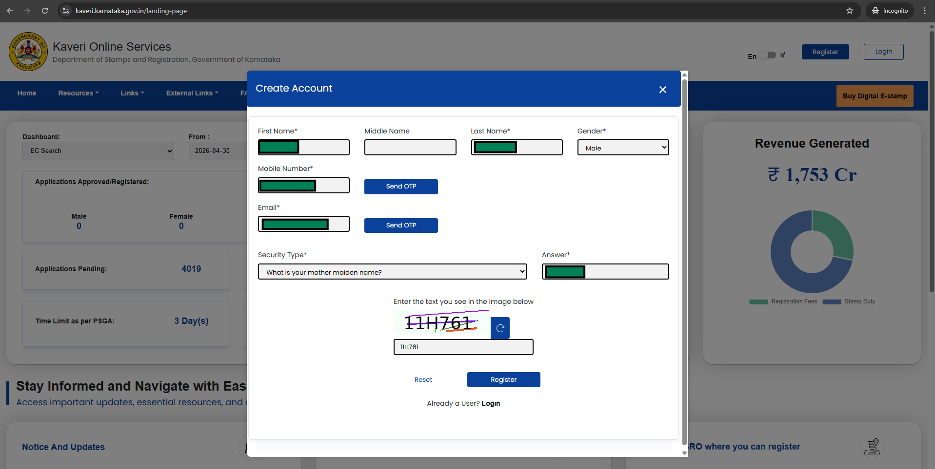Create Account dialog on Kaveri portal