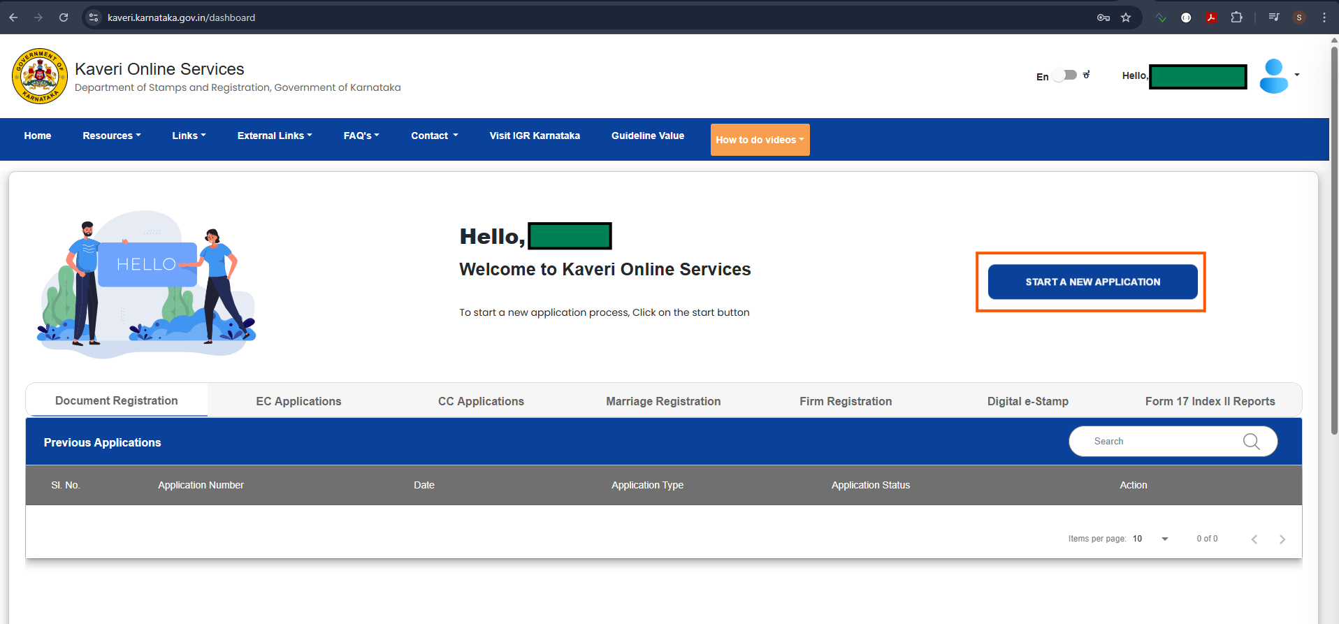 Kaveri dashboard with START A NEW APPLICATION button highlighted