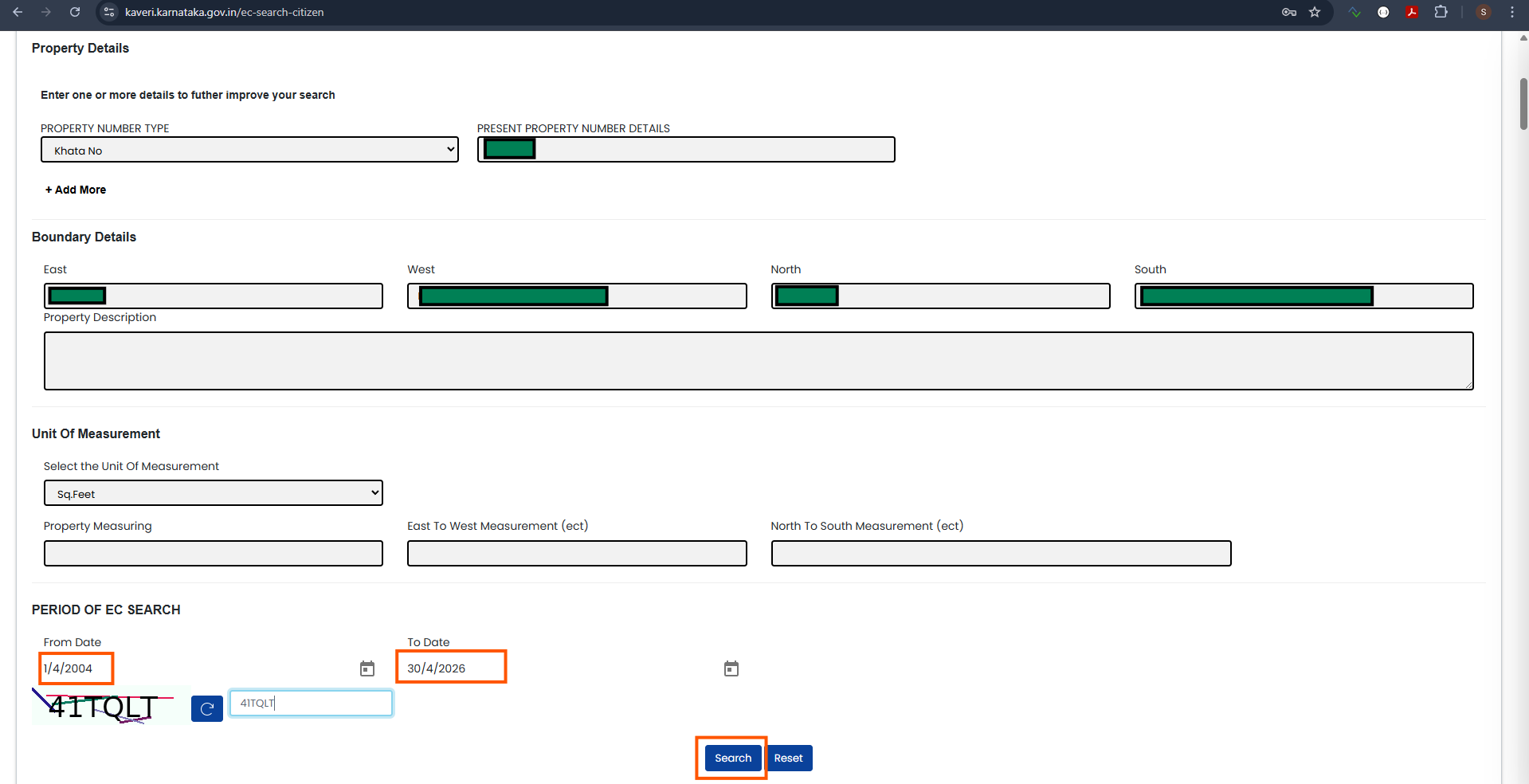 Boundary details and EC period search form