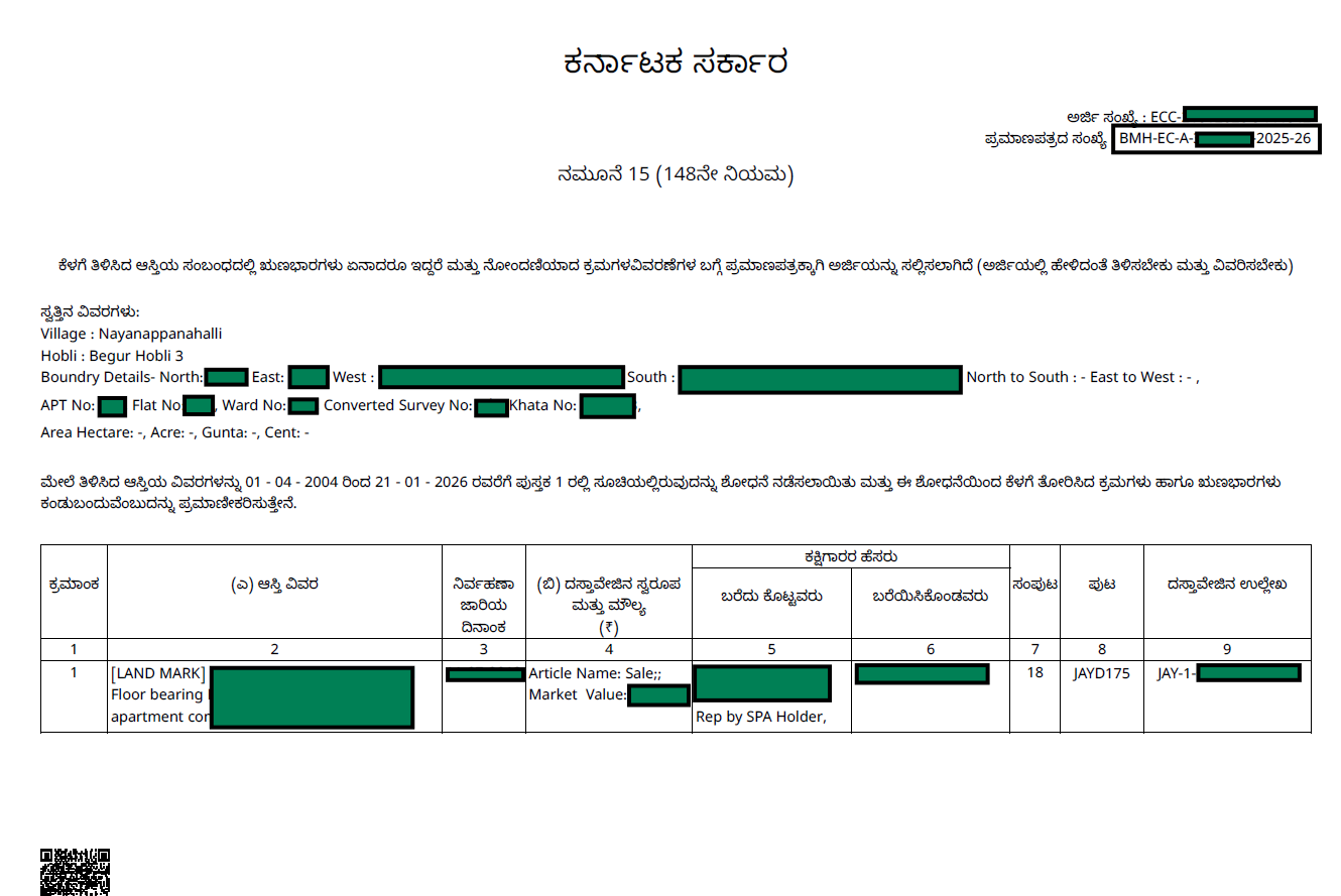 EC FORM-15 page 1 — Karnataka Government header, Certificate number, property details, and first row of encumbrance table